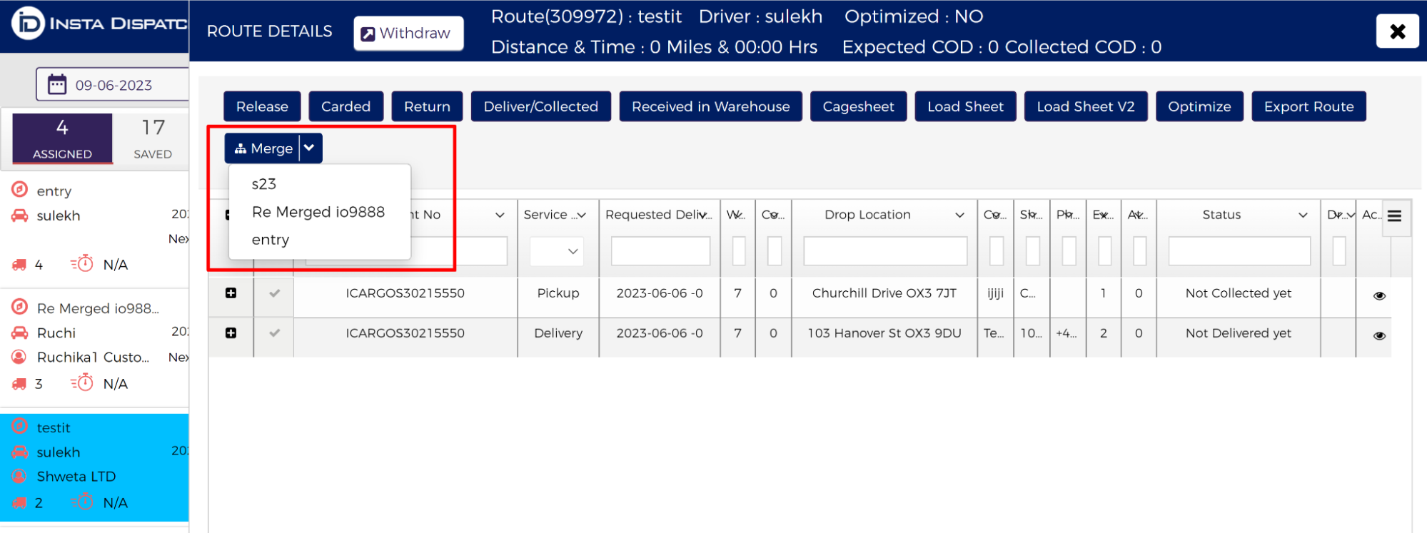 Screenshot of a courier tracking software interface