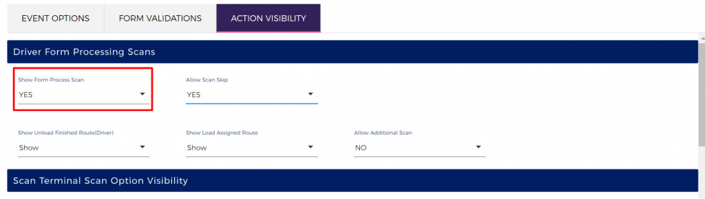 Screenshot of a software interface with 'Action Visibility'