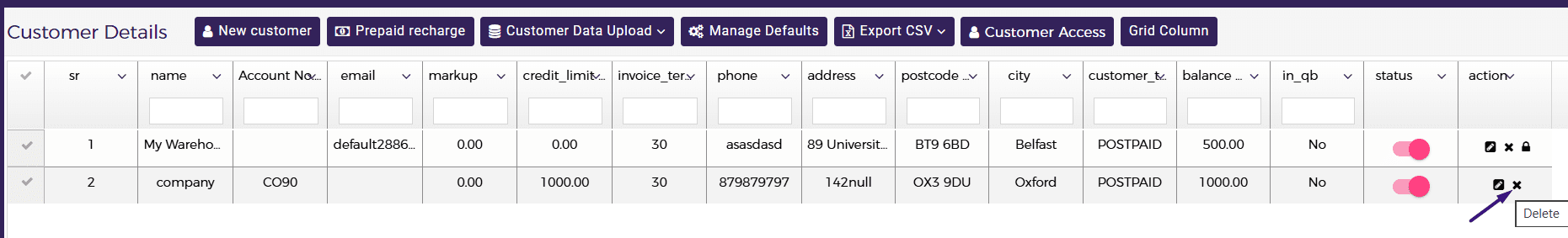 Delete option in the Action column 