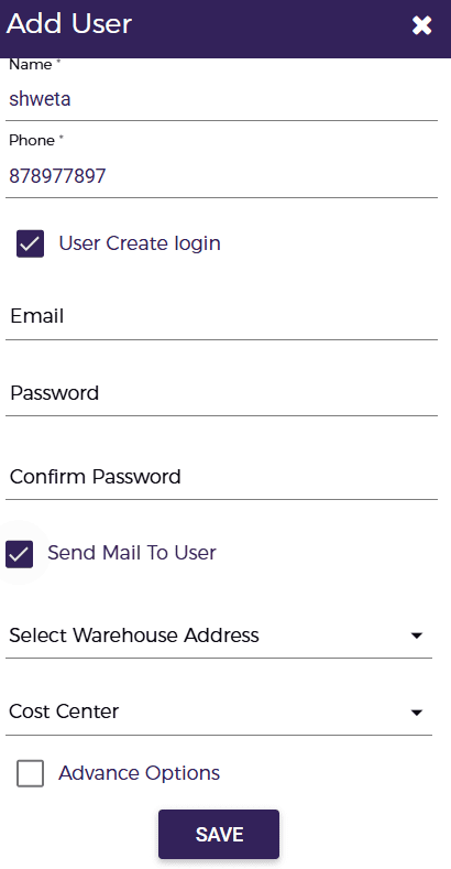 Select the warehouse address and cost center if needed, then click Save.