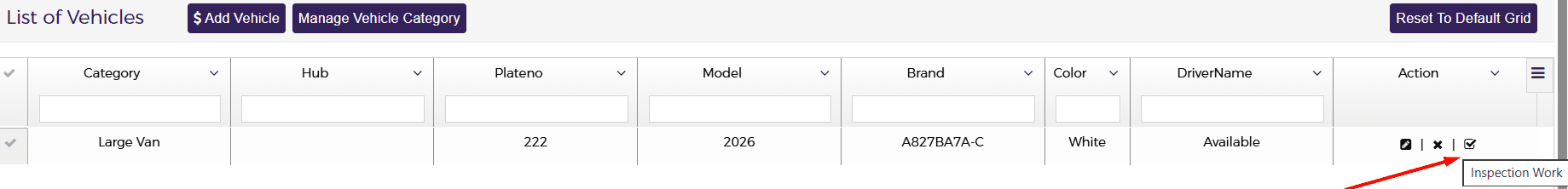 Inspection form option in the action column