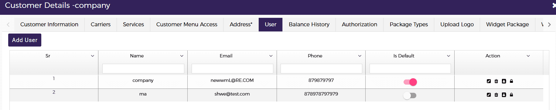 In the customer details pop-up, click the User tab.