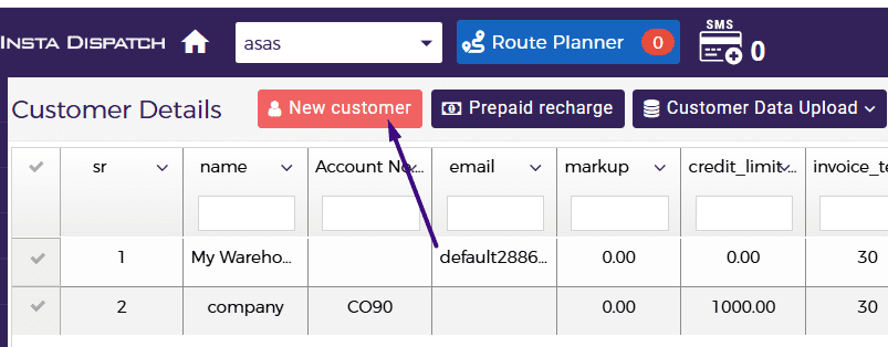 New customer button in the customer grid
