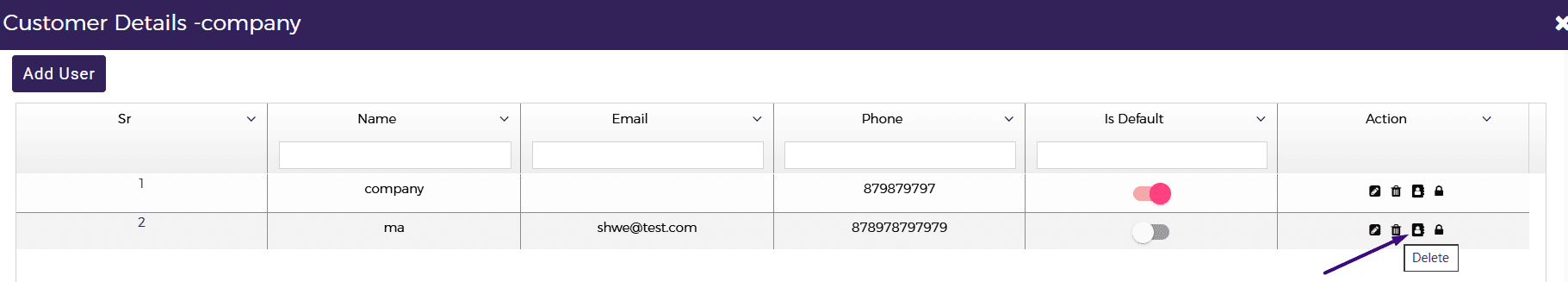 In the customer details pop-up, click the User tab.