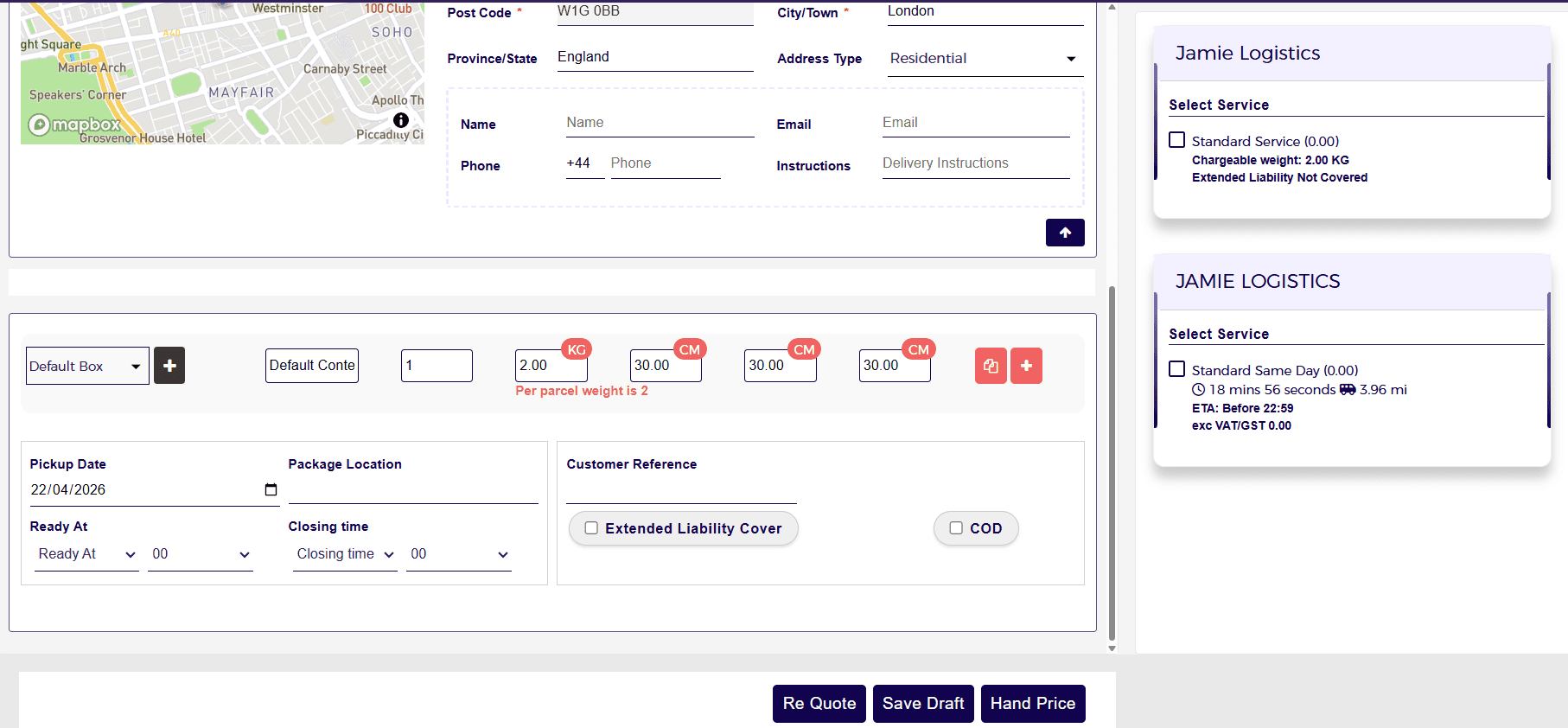 Booking an order using Get Quote