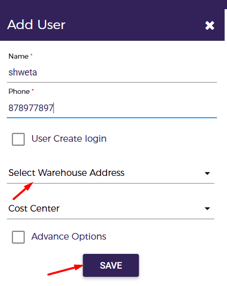 Select the warehouse address if required, then click Save.