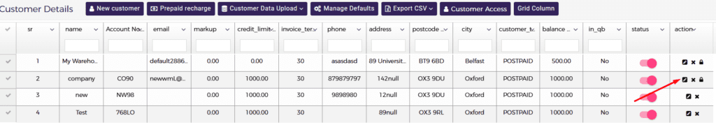 Select the required customer and click the action edit icon to open the customer details screen.
