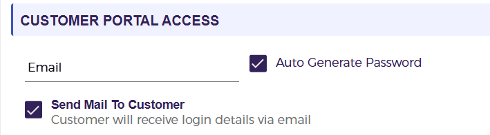 Portal access options: email, auto-generate password, and send mail