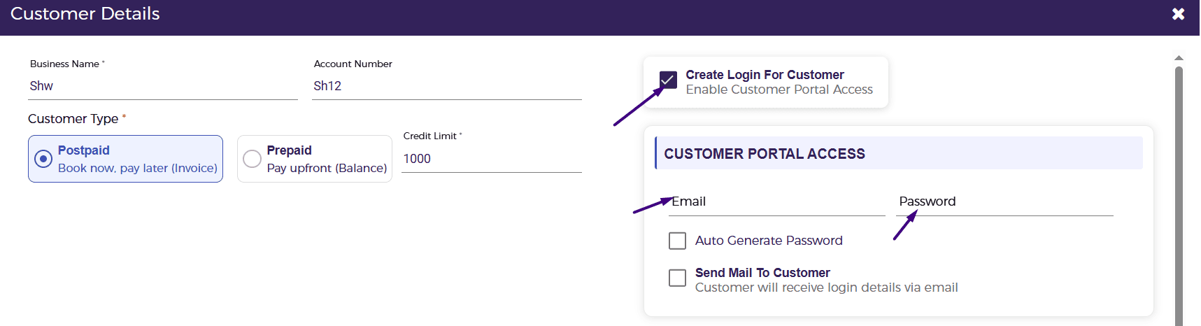 Enable portal access from the customer form 