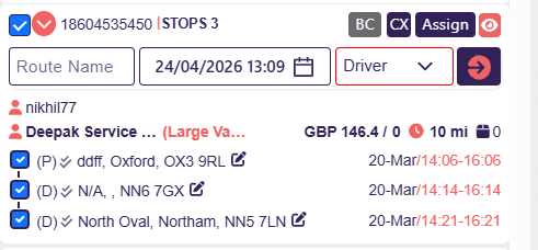 Multi-drop order with 3 stops showing Route Name, date, and Driver fields with Assign button to complete assignment.