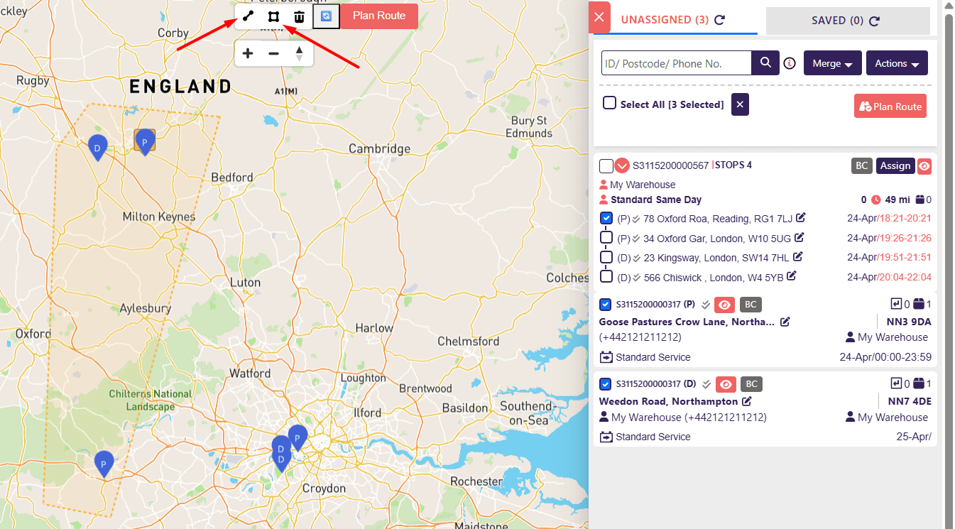 Rectangle drawing tool used on the map to select multiple drops in an area, with 3 drops auto-selected in the Unassigned panel.