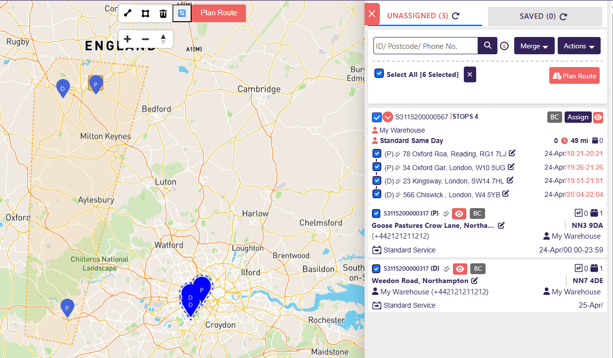 All 6 drops selected via rectangle tool, including a 4-stop multi-drop order and 2 individual drops, ready to Plan Route.