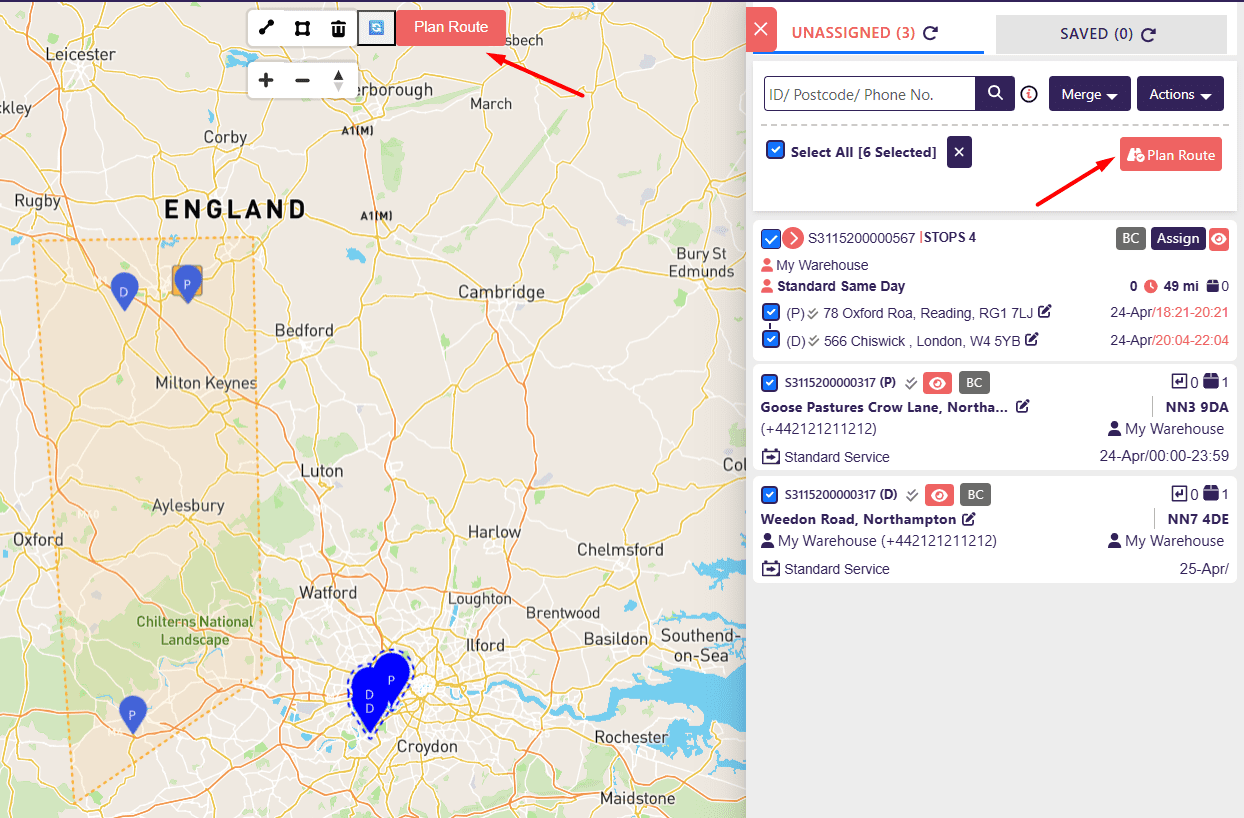 Plan Route button highlighted on both the map toolbar and Unassigned panel after selecting drops.