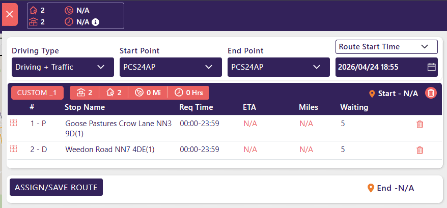 Plan Route pop-up showing 2 drops in sequence with Assign/Save Route button.