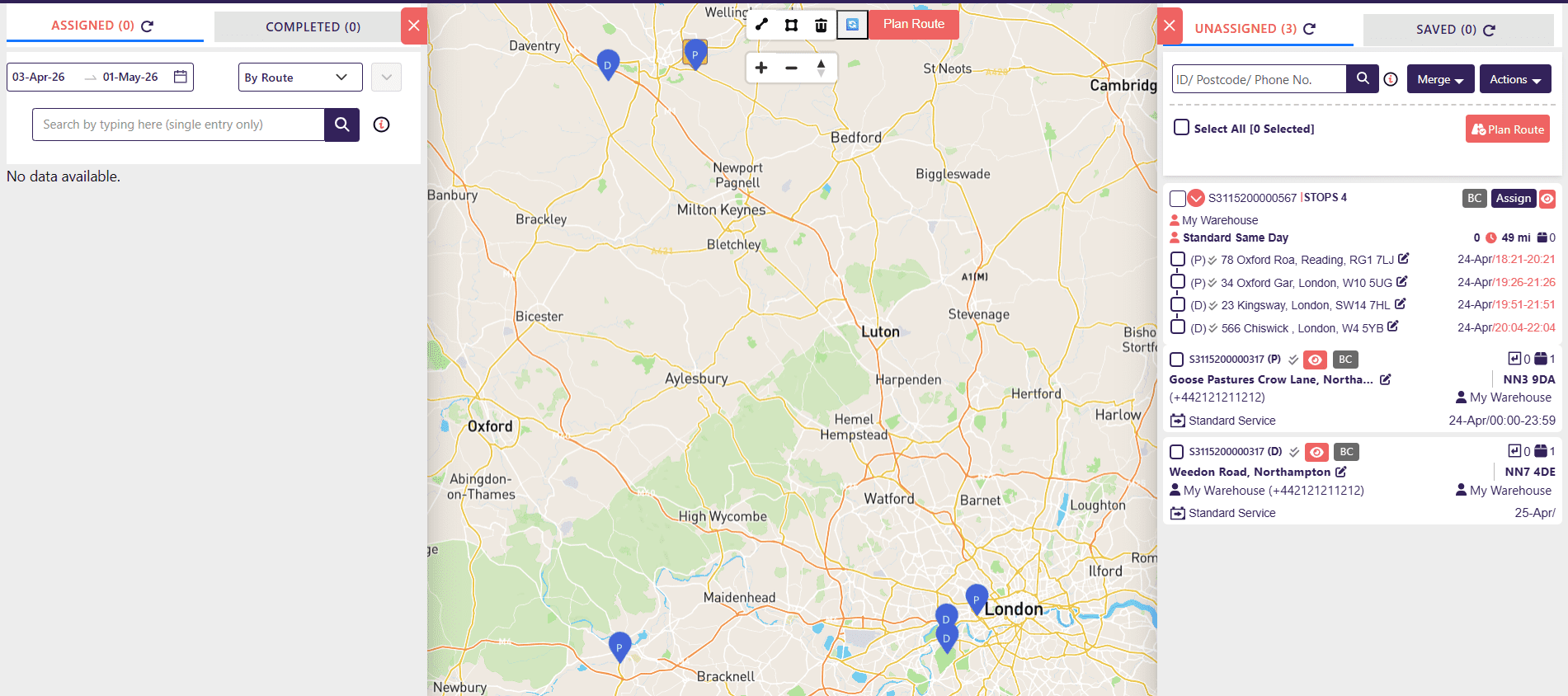 Route Planner map view with unassigned Pickup and Delivery drop markers across London and Northampton.