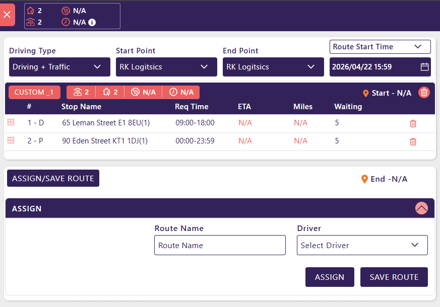 Assign panel open with Route Name and Driver fields, showing Assign and Save Route buttons.