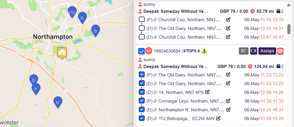 Unassigned panel showing a normal order with 3 drops and a multi-drop order with 6 stops, with drop markers visible on the Northampton map.