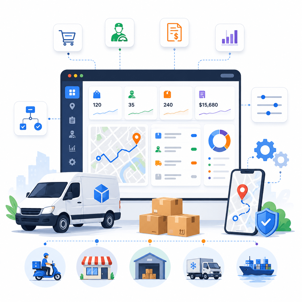 InstaDispatch delivery management dashboard with orders, drivers, branches, rates, tracking, invoicing, and reports connected in one workflow