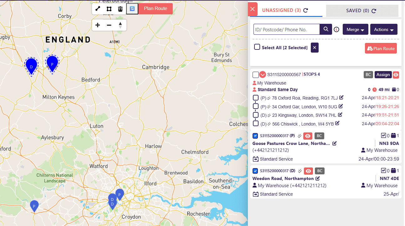 Two drops selected on the map using the polygon tool, with the Plan Route button ready to assign.