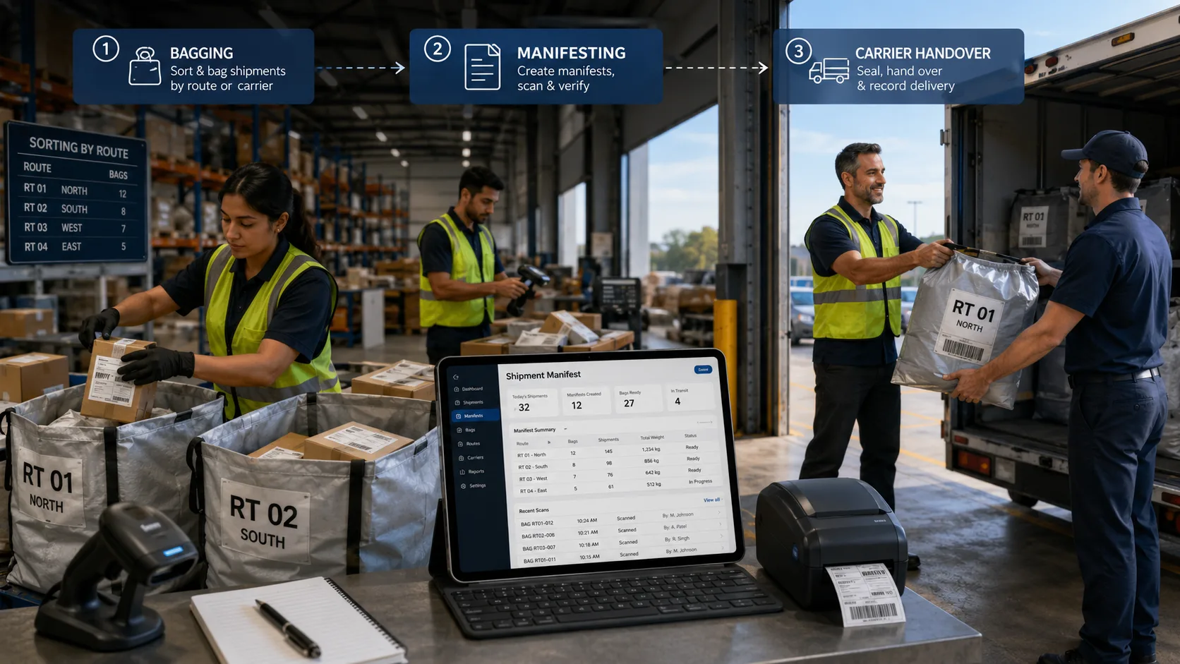 Freight Consolidation Software showing bagging, manifesting, barcode scanning, and carrier handover in a logistics warehouse.