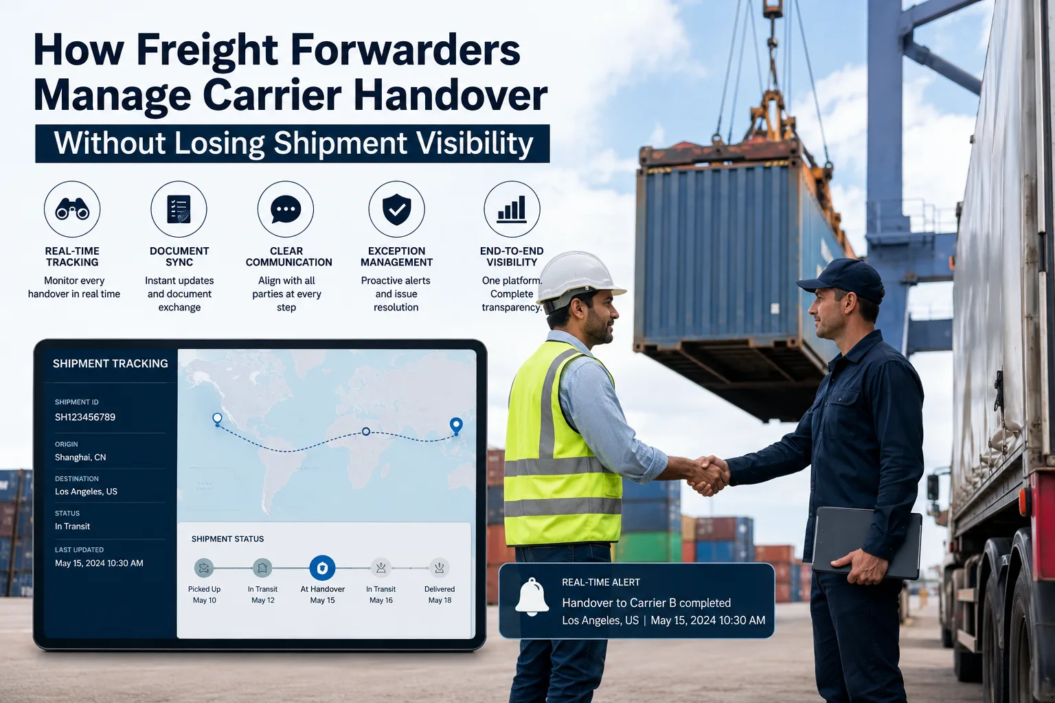 Freight forwarder carrier handover with real-time shipment tracking and logistics visibility dashboard.