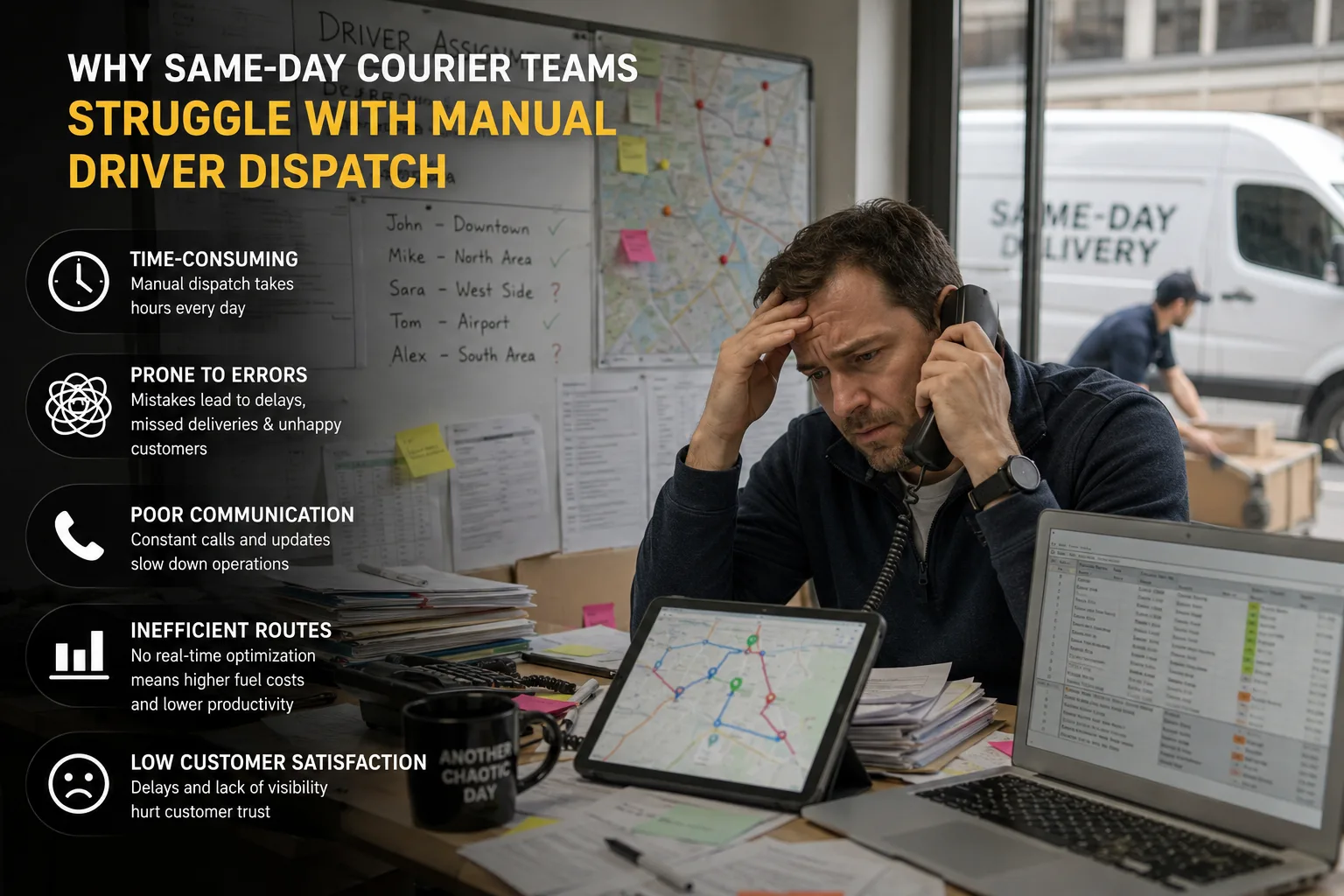 Same-day courier dispatcher assigning delivery jobs to drivers using courier dispatch software