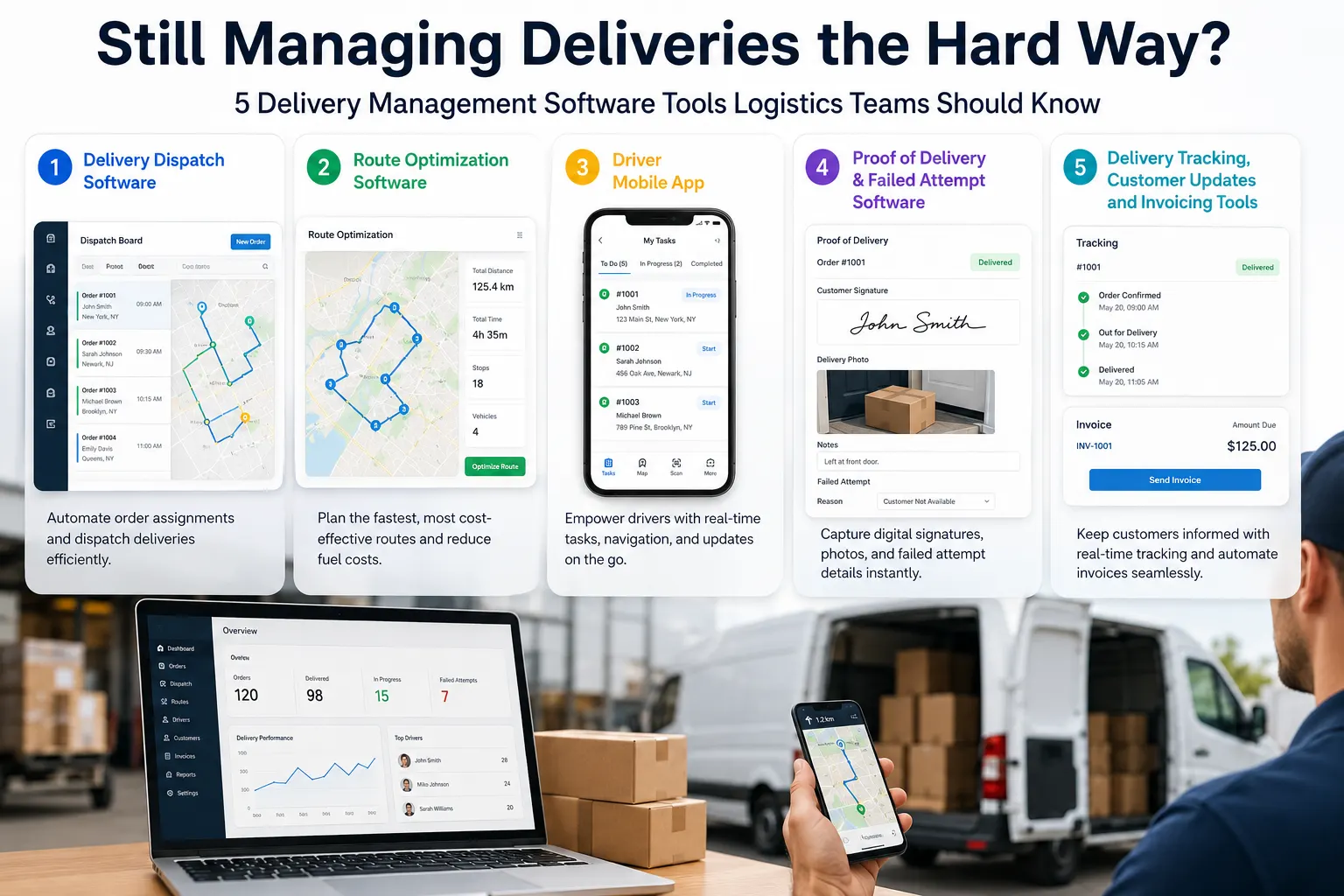 Delivery management software dashboard showcasing dispatch, route optimization, driver app, proof of delivery, tracking, and invoicing tools.